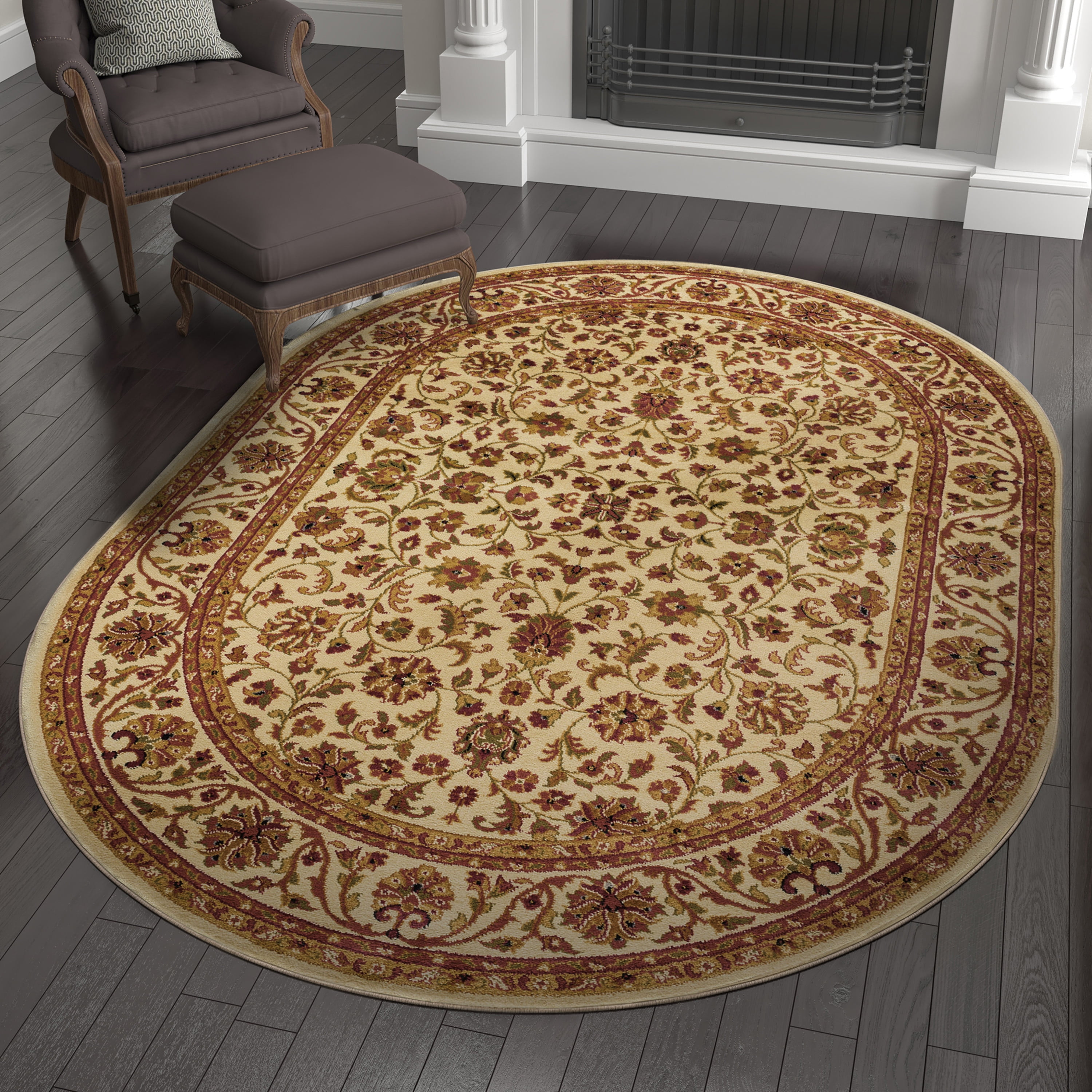 Sensation Traditional 6.7' x 9.6' Oval Ivory and Moss Green Polypropylene Indoor Area Rug