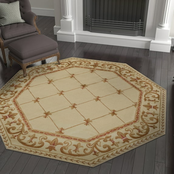 Sensation Traditional 8' Octagon Ivory and Beige Polypropylene Indoor Area Rug