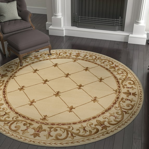 Sensation Traditional 8' Round Ivory and Beige Polypropylene Indoor Area Rug