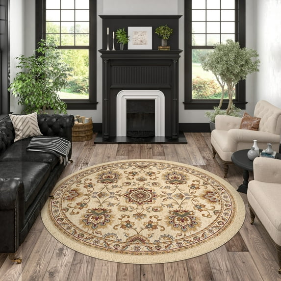 Sensation Traditional 8' Round Ivory and Gold Polypropylene Indoor Area Rug