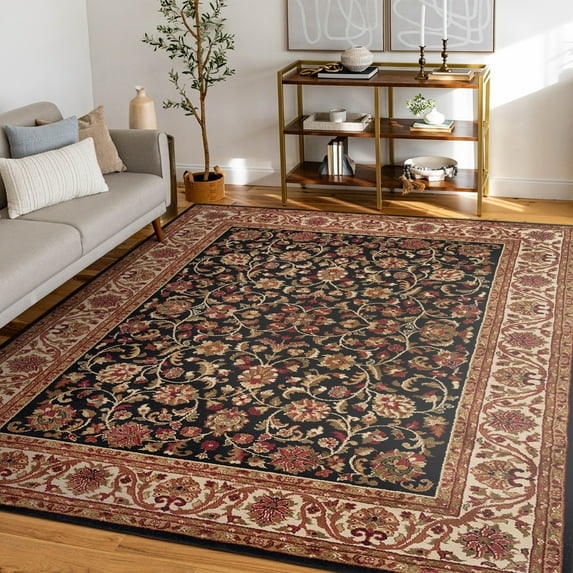 Sensation Traditional 9' x 12' Black and Beige Polypropylene Indoor Area Rug