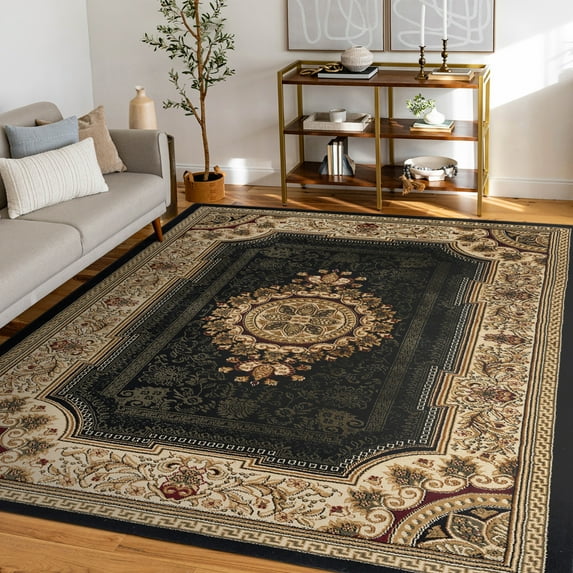 Sensation Traditional 9' x 12' Black and Beige Polypropylene Indoor Area Rug