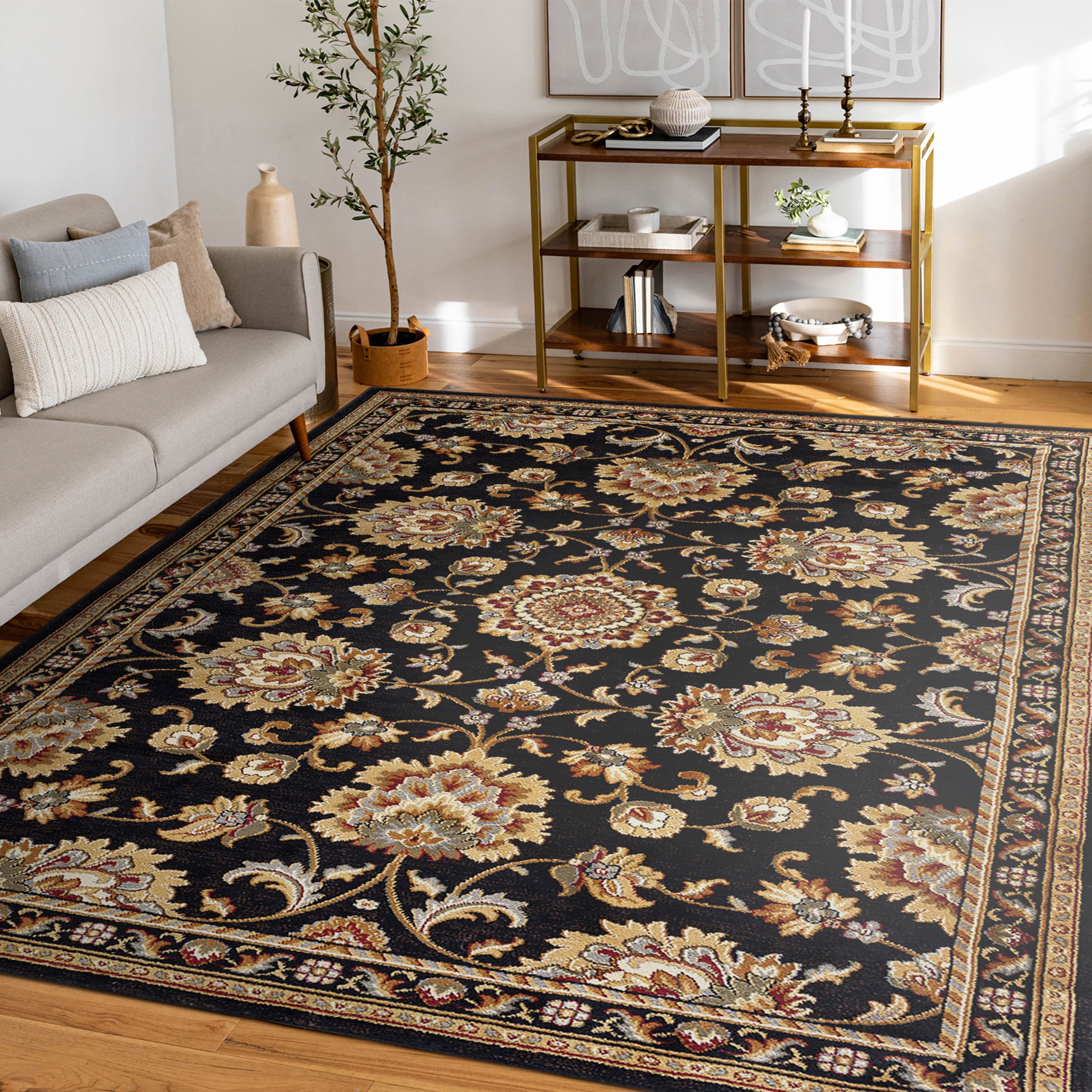 Sensation Traditional 9' x 12' Black and Gold Polypropylene Indoor Area Rug