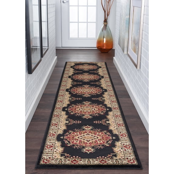 Sensation Transitional 2' x 10' Black and Beige Polypropylene Indoor Area Rug