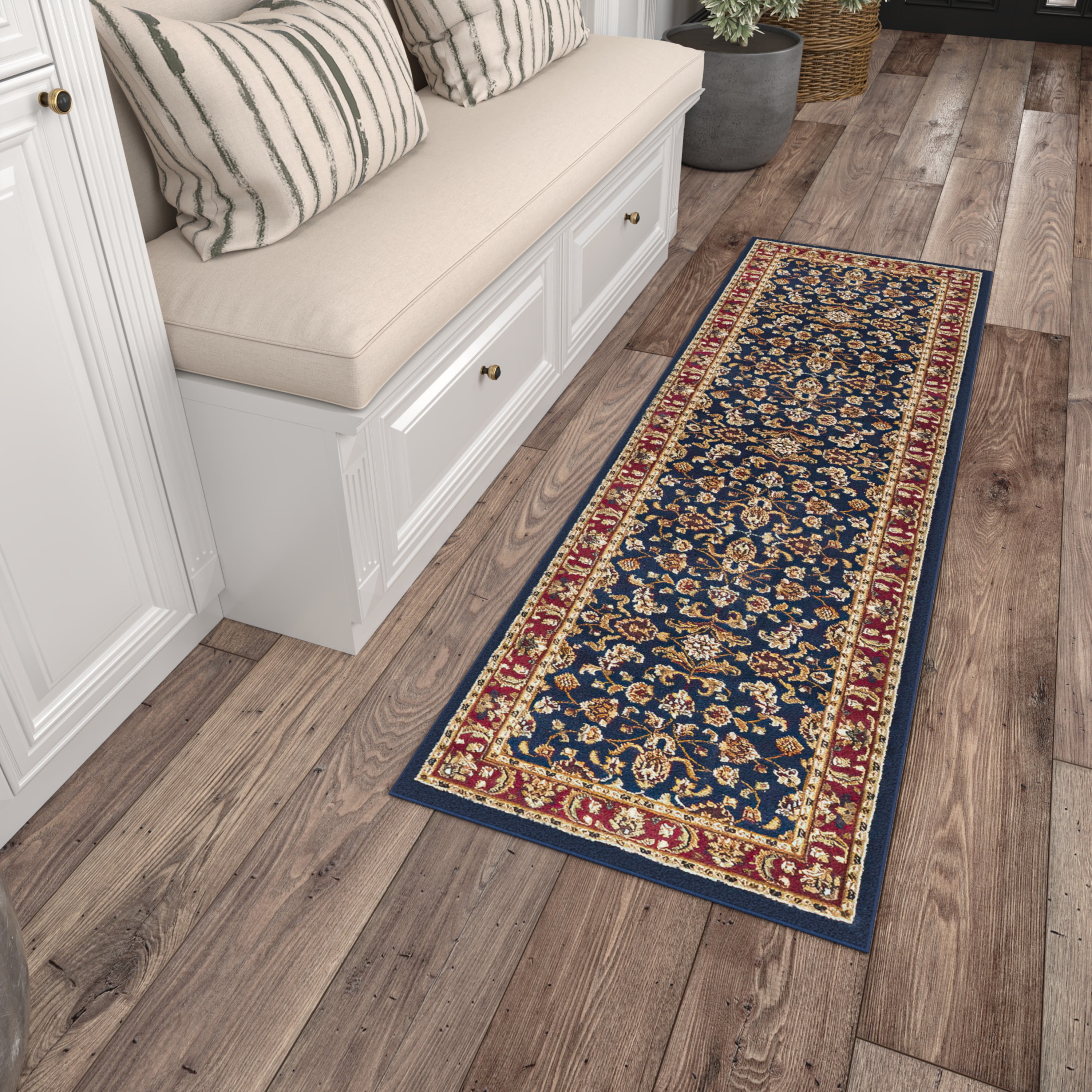 Sensation Transitional 2' x 10' Navy and Beige Polypropylene Indoor Area Rug