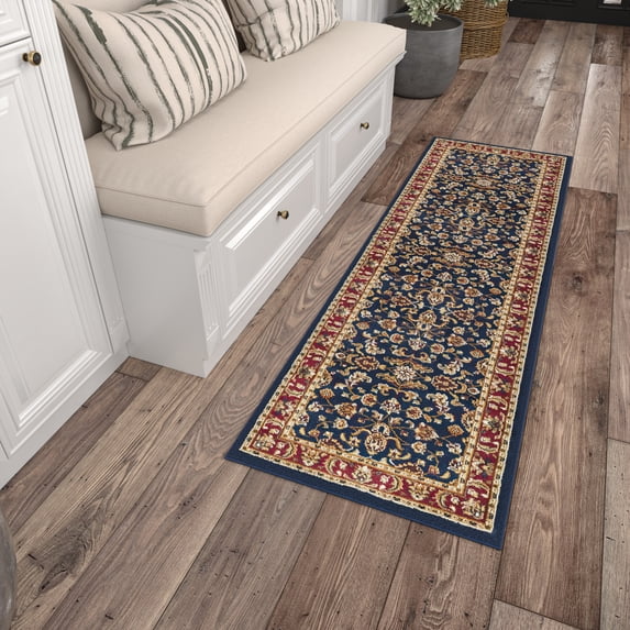 Sensation Transitional 2' x 10' Navy and Beige Polypropylene Indoor Area Rug