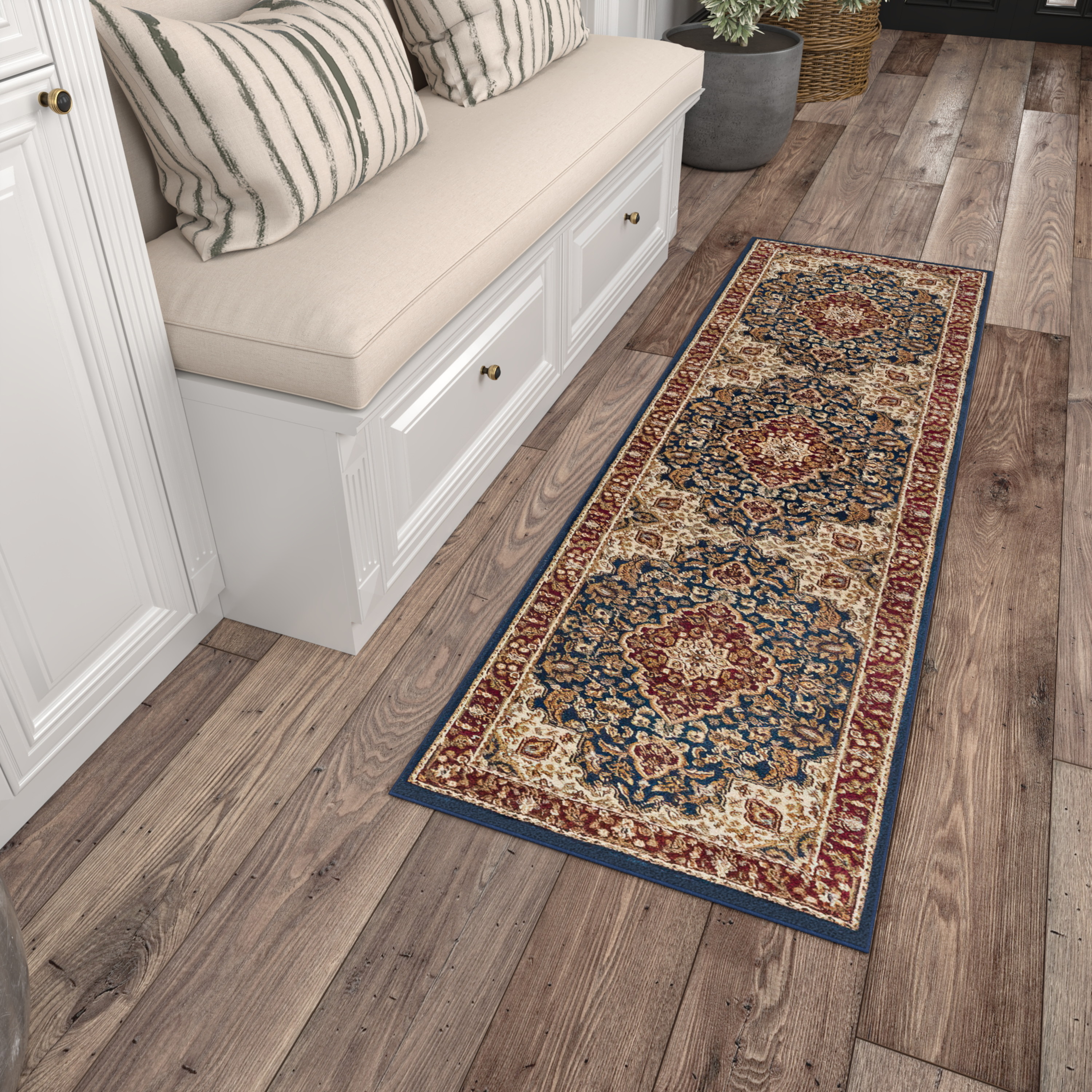 Sensation Transitional 2' x 10' Navy and Beige Polypropylene Indoor Area Rug