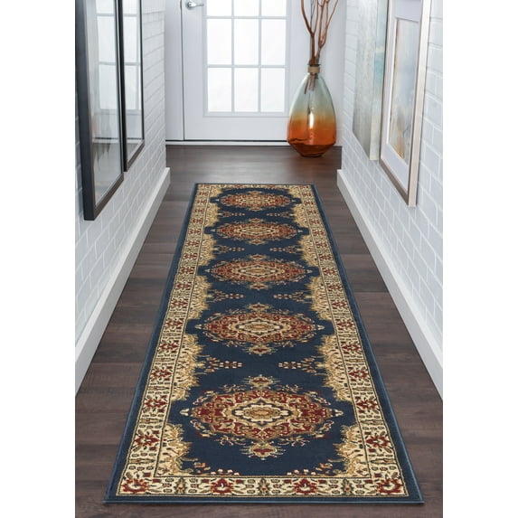 Sensation Transitional 2' x 10' Navy and Beige Polypropylene Indoor Area Rug