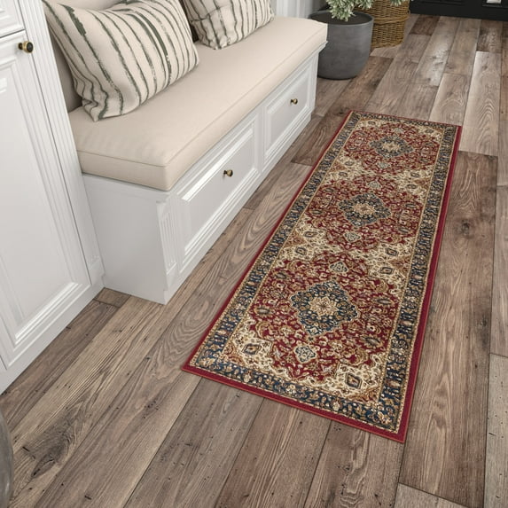 Sensation Transitional 2' x 10' Red and Beige Polypropylene Indoor Area Rug