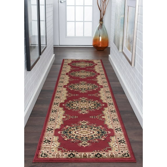 Sensation Transitional 2' x 10' Red and Beige Polypropylene Indoor Area Rug