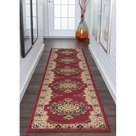Sensation Transitional 2' x 10' Red and Beige Polypropylene Indoor Area Rug