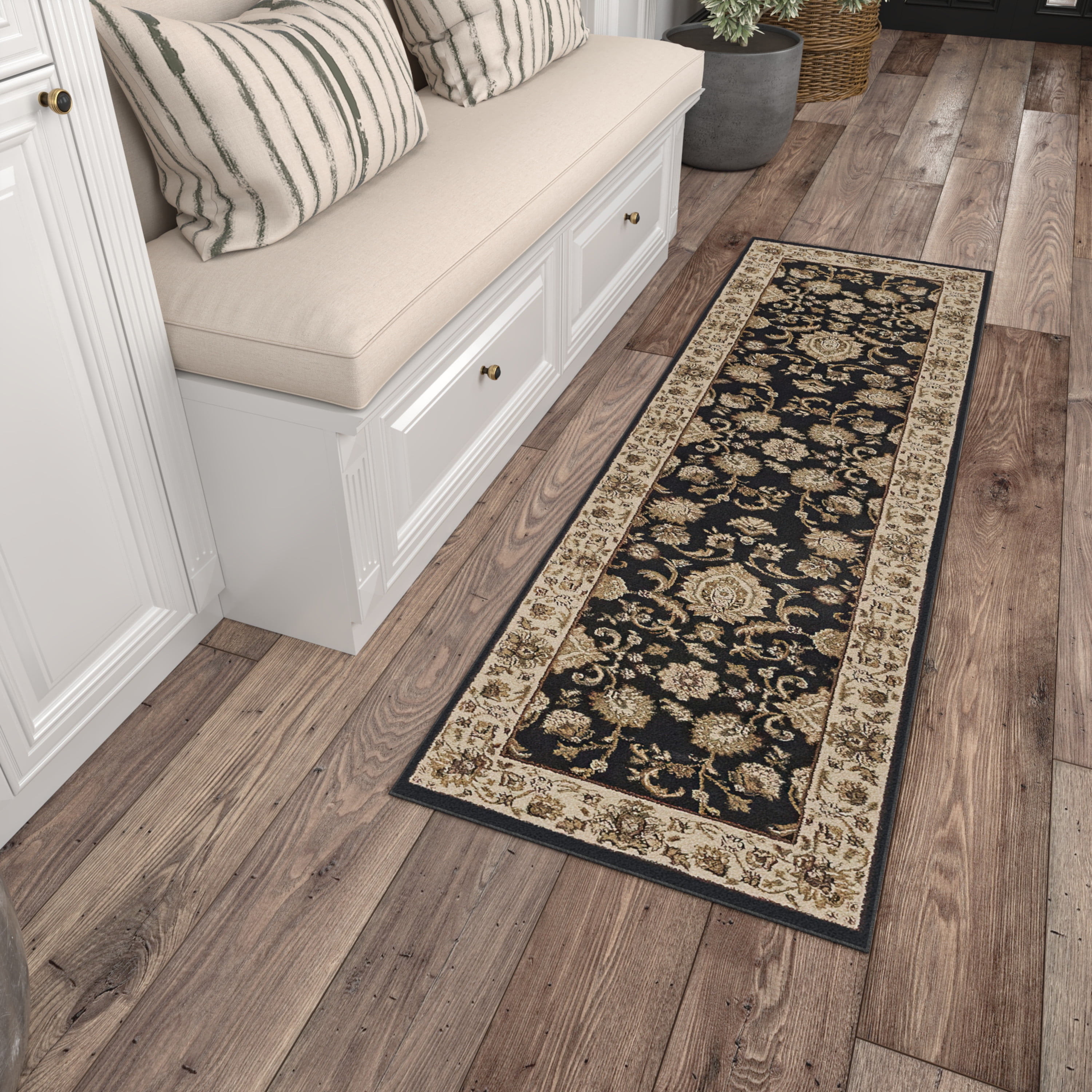 Sensation Transitional 2' x 7' Black and Beige Polypropylene Indoor Area Rug
