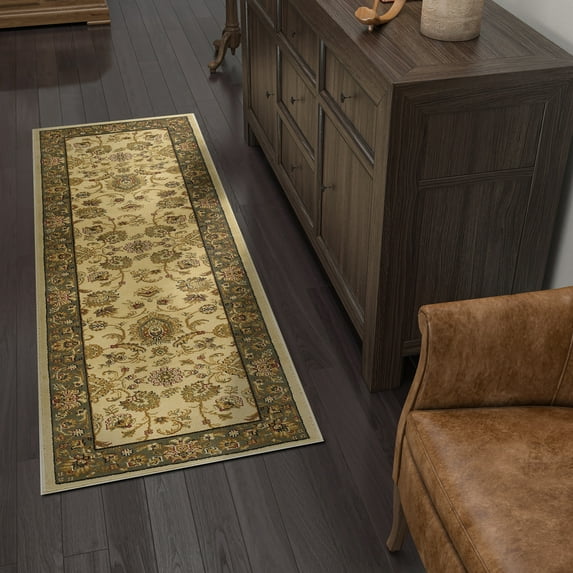 Sensation Transitional 2' x 7' Ivory and Moss Green Polypropylene Indoor Area Rug