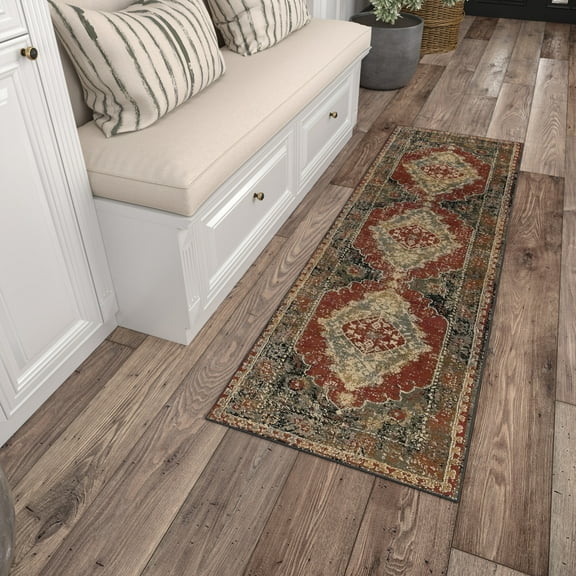 Sensation Transitional 2' x 7' Red and Terra Polypropylene Indoor Area Rug