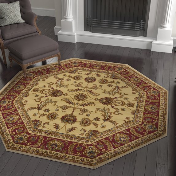 Sensation Transitional 5' Octagon Ivory and Scarlet Polypropylene Indoor Area Rug