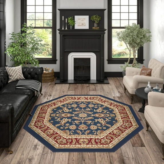 Sensation Transitional 5' Octagon Navy and Beige Polypropylene Indoor Area Rug