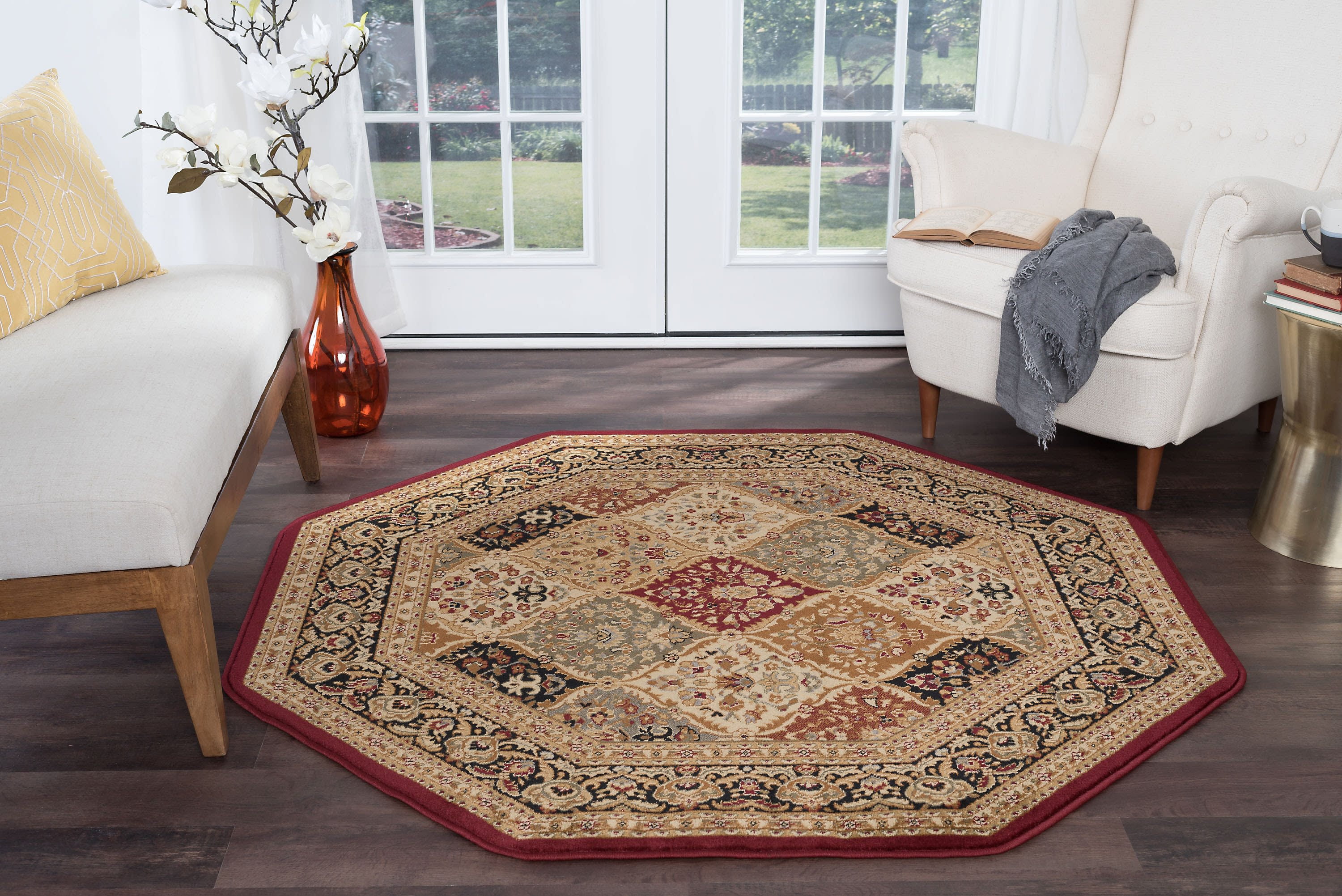 Sensation Transitional 5' Octagon Red and Beige Polypropylene Indoor Area Rug