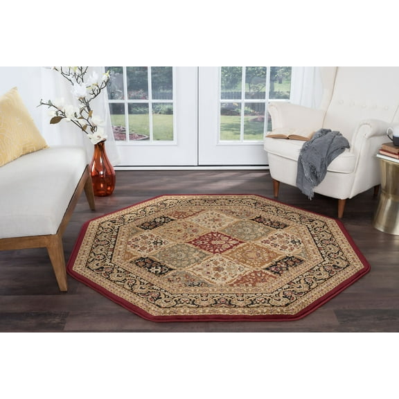 Sensation Transitional 5' Octagon Red and Beige Polypropylene Indoor Area Rug