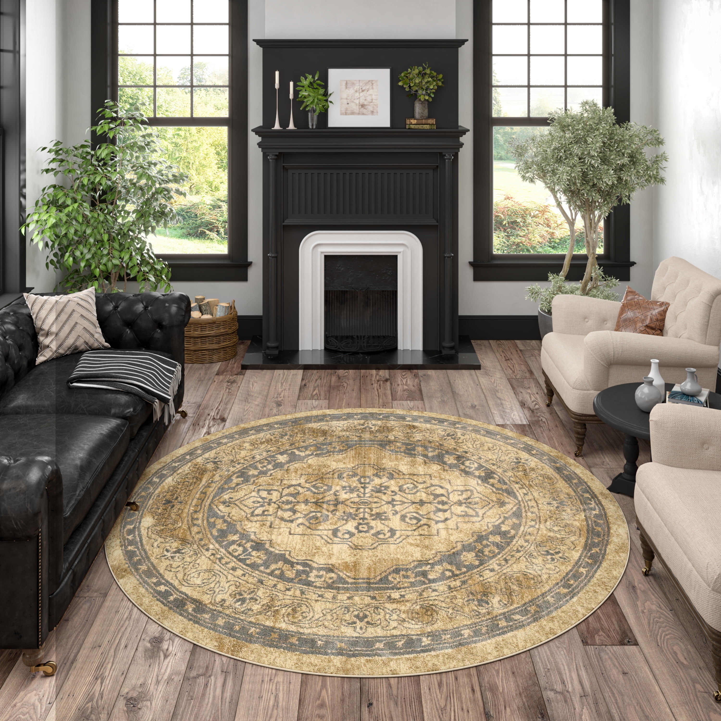 Sensation Transitional 5' Round Beige and Slate Blue Polypropylene Indoor Area Rug