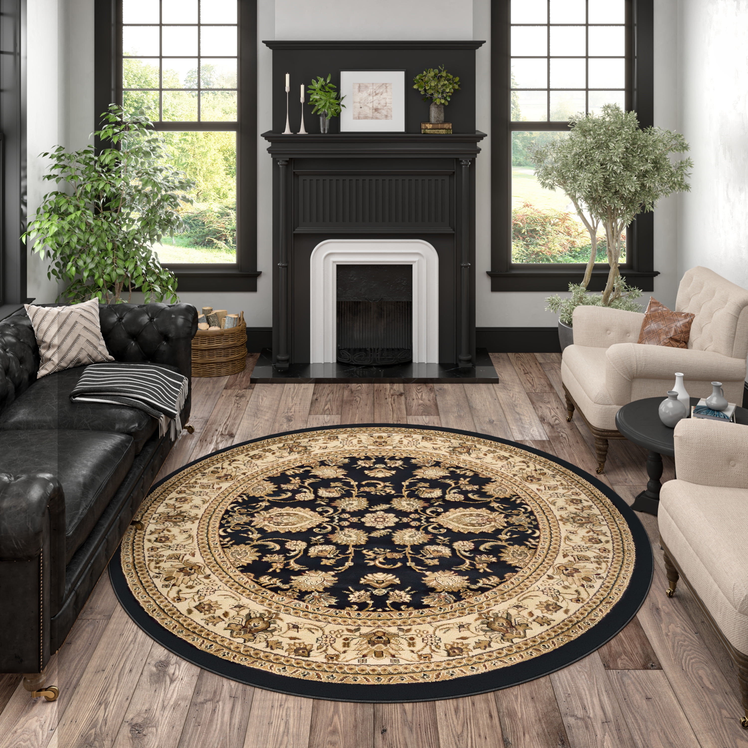 Sensation Transitional 5' Round Black and Beige Polypropylene Indoor Area Rug