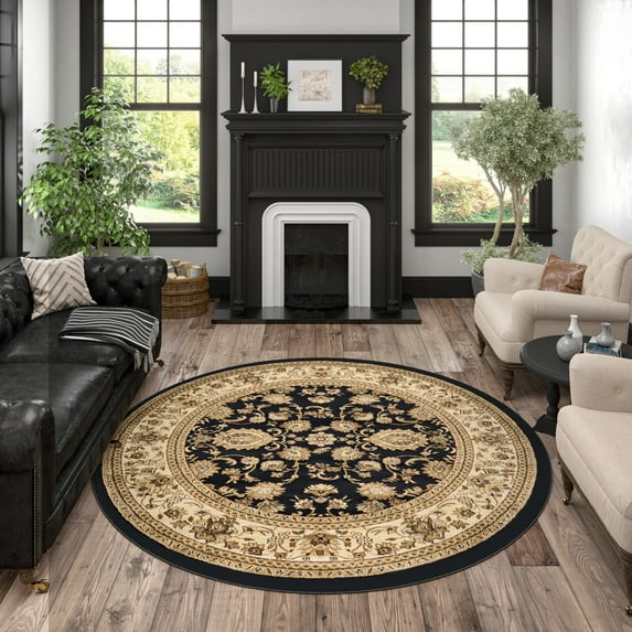 Sensation Transitional 5' Round Black and Beige Polypropylene Indoor Area Rug
