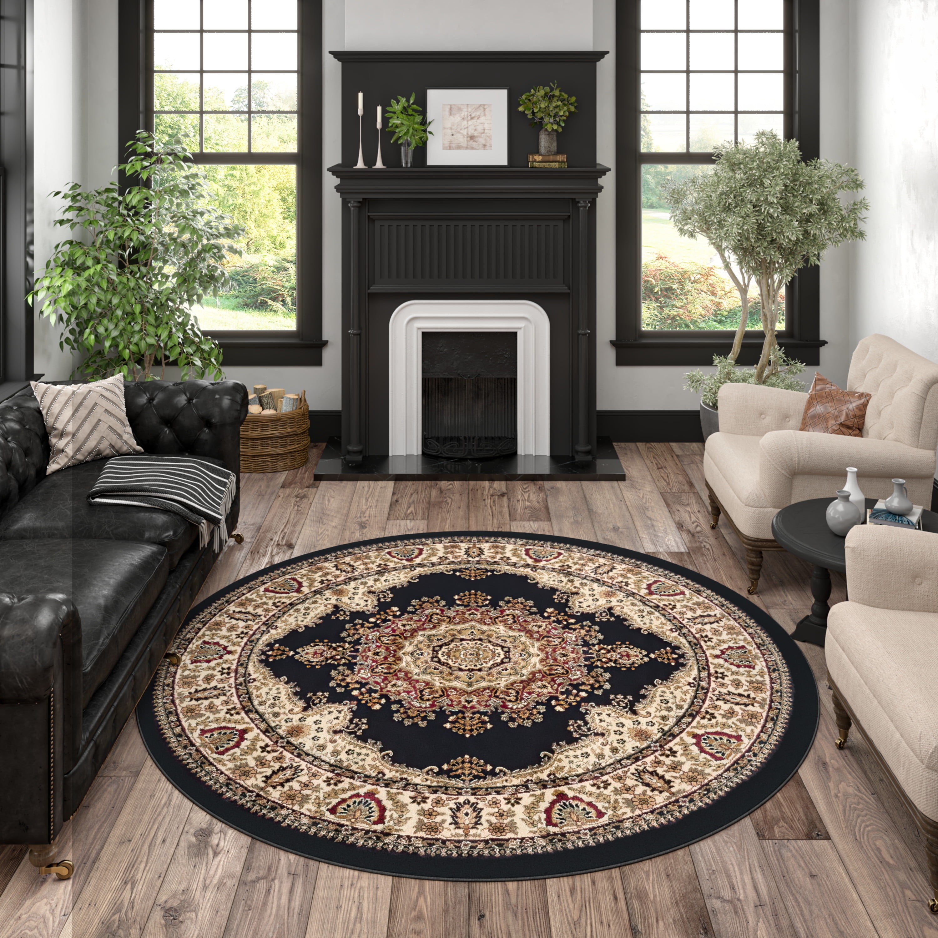 Sensation Transitional 5' Round Black and Beige Polypropylene Indoor Area Rug