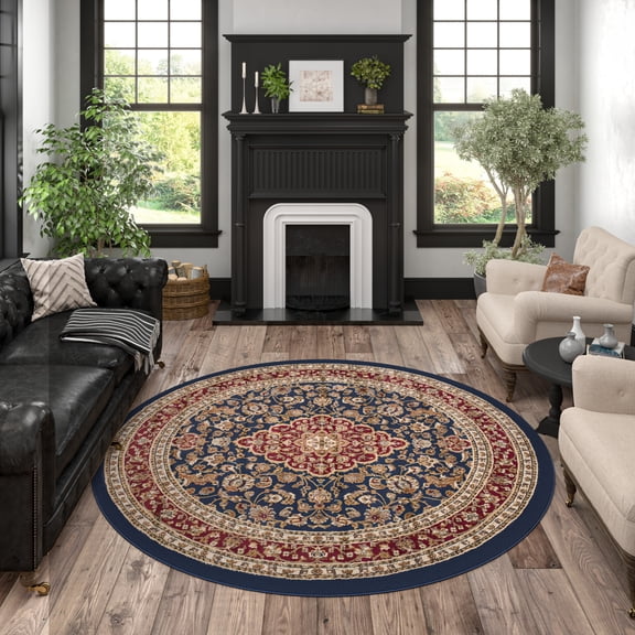 Sensation Transitional 5' Round Navy and Beige Polypropylene Indoor Area Rug