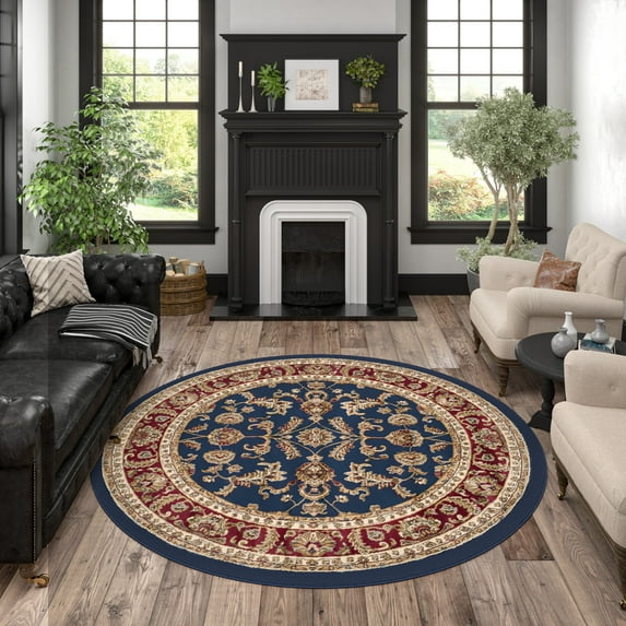 Sensation Transitional 5' Round Navy and Beige Polypropylene Indoor Area Rug