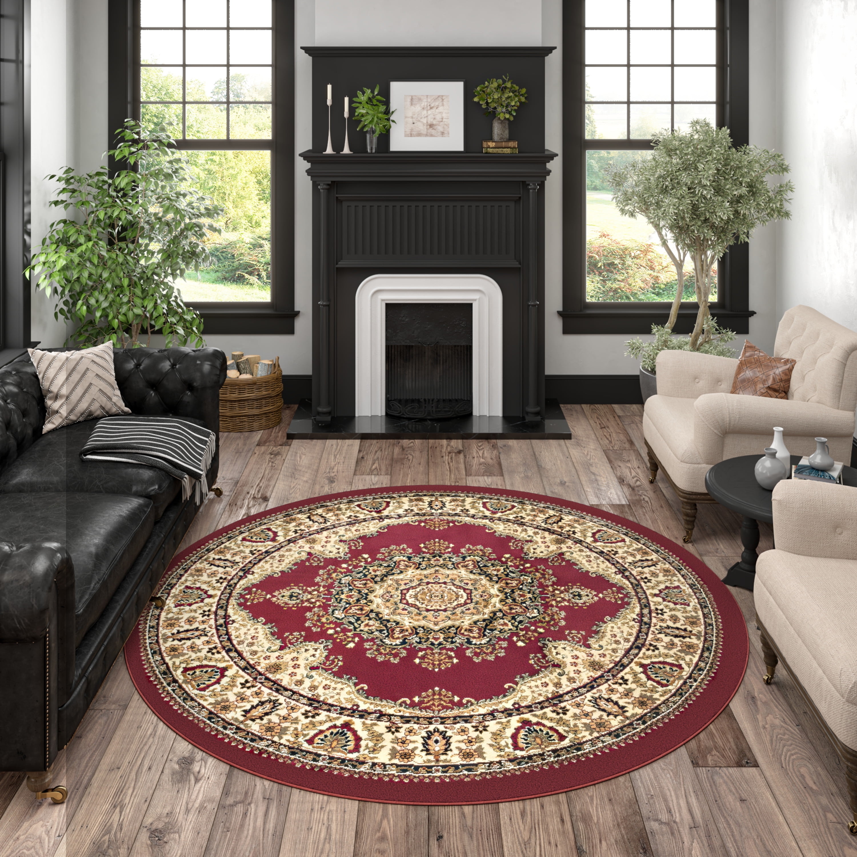 Sensation Transitional 5' Round Red and Beige Polypropylene Indoor Area Rug