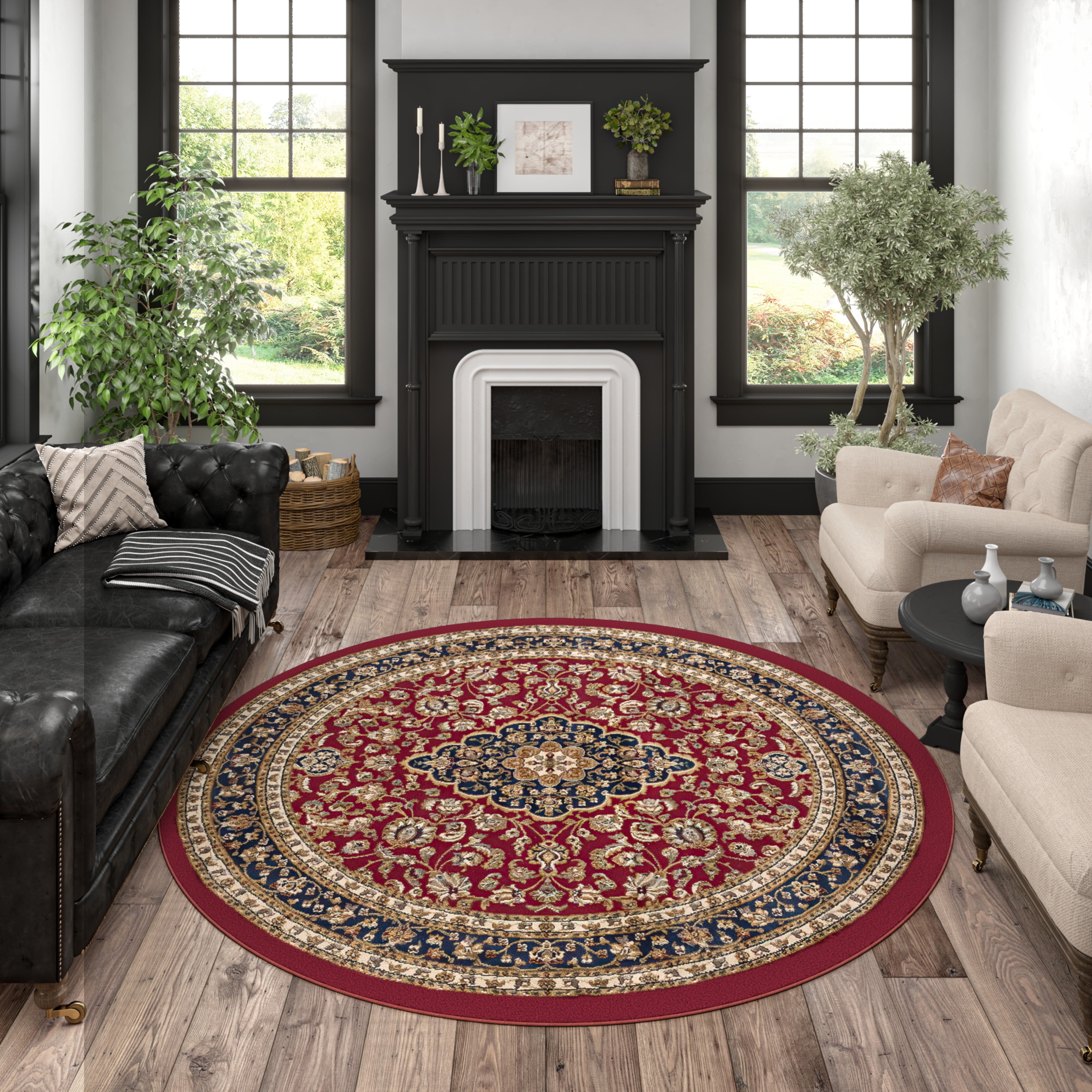 Sensation Transitional 5' Round Red and Beige Polypropylene Indoor Area Rug