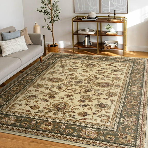 Sensation Transitional 5' x 7' Ivory and Moss Green Polypropylene Indoor Area Rug