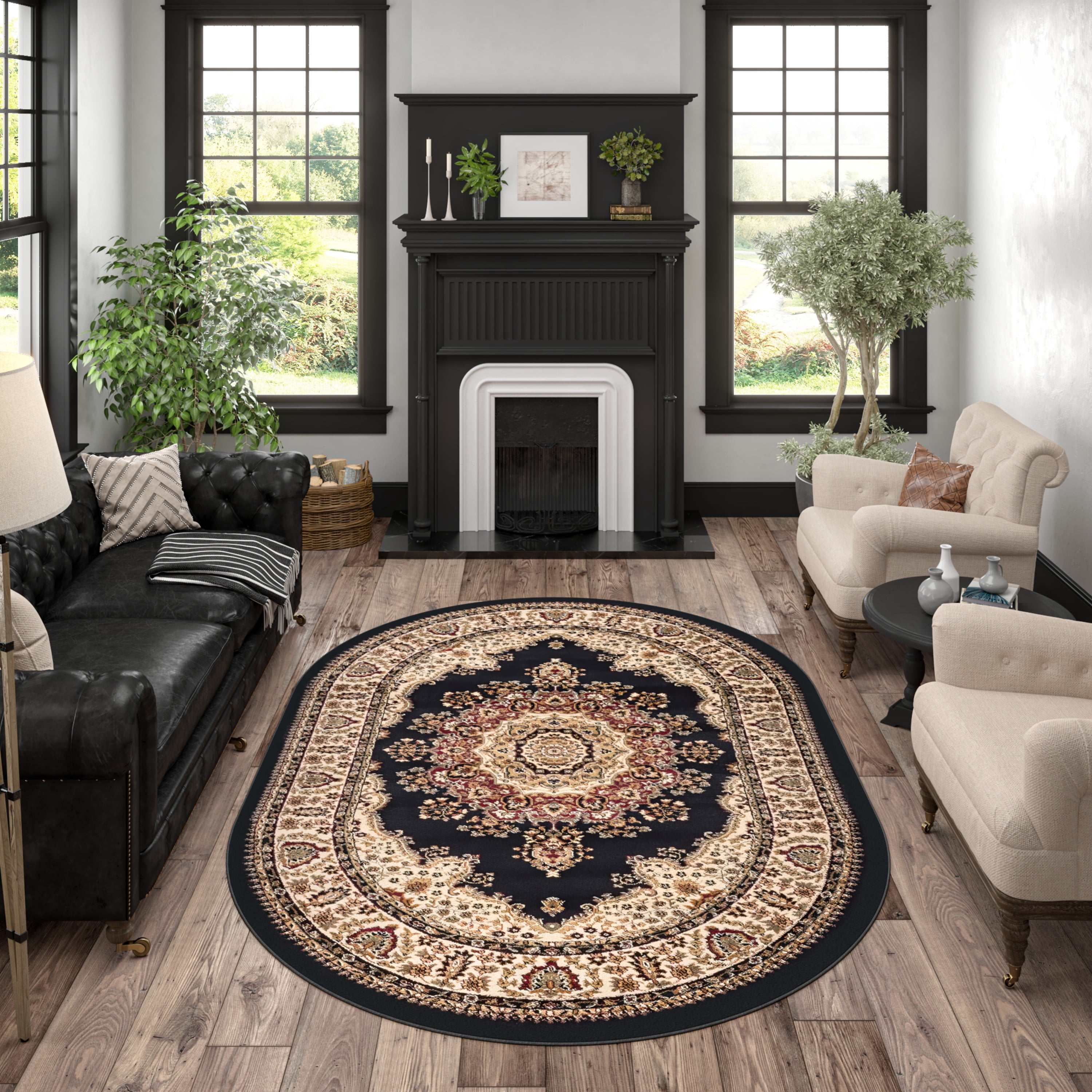 Sensation Transitional 5' x 7' Oval Black and Beige Polypropylene Indoor Area Rug