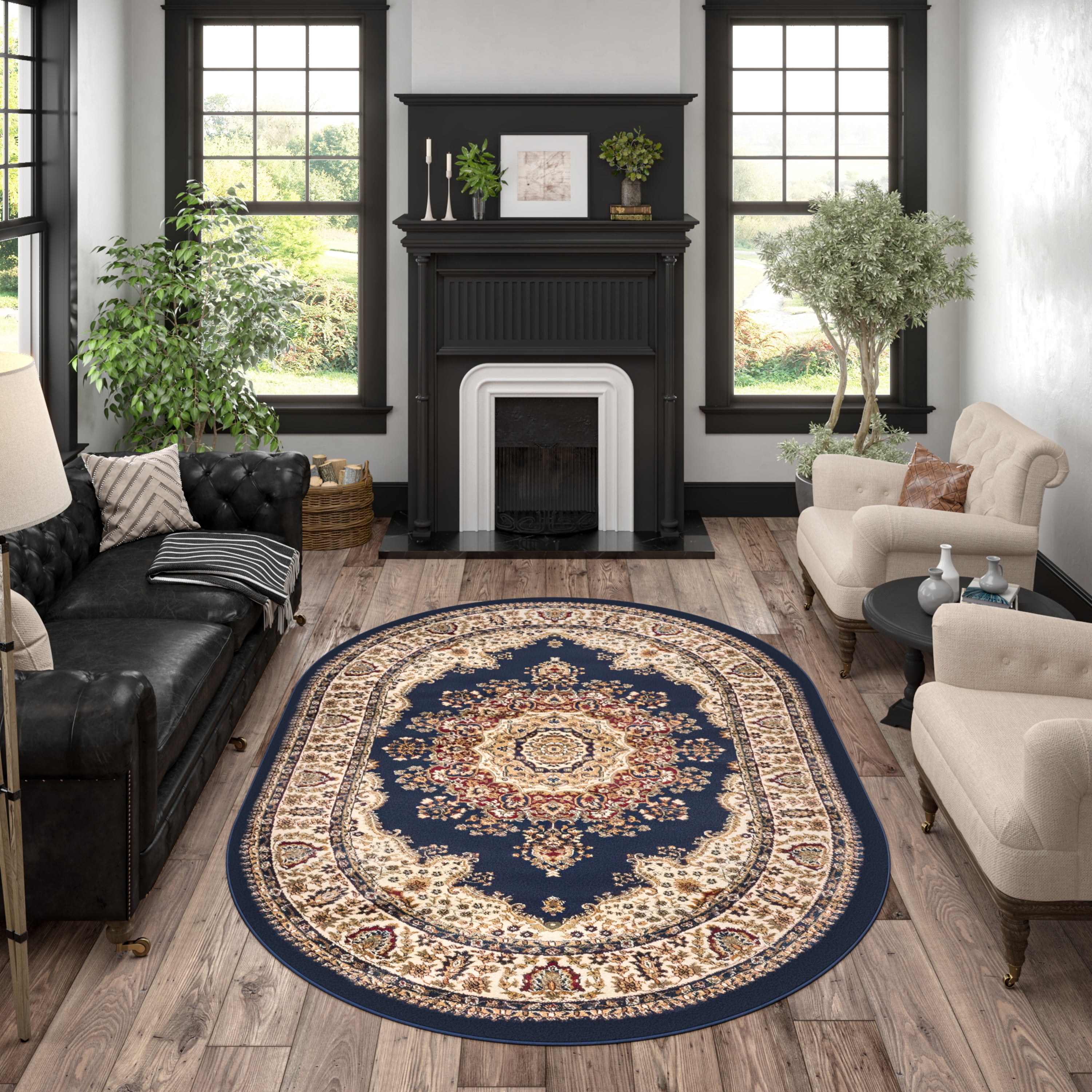 Sensation Transitional 5' x 7' Oval Navy and Beige Polypropylene Indoor Area Rug