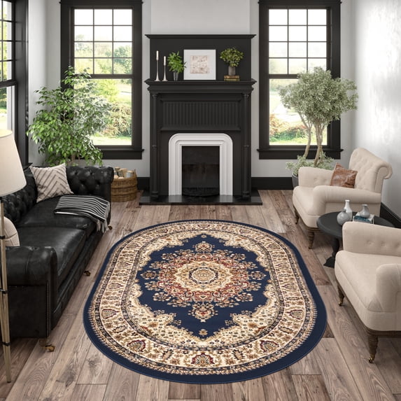 Sensation Transitional 5' x 7' Oval Navy and Beige Polypropylene Indoor Area Rug