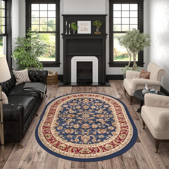 Sensation Transitional 5' x 7' Oval Navy and Beige Polypropylene Indoor Area Rug