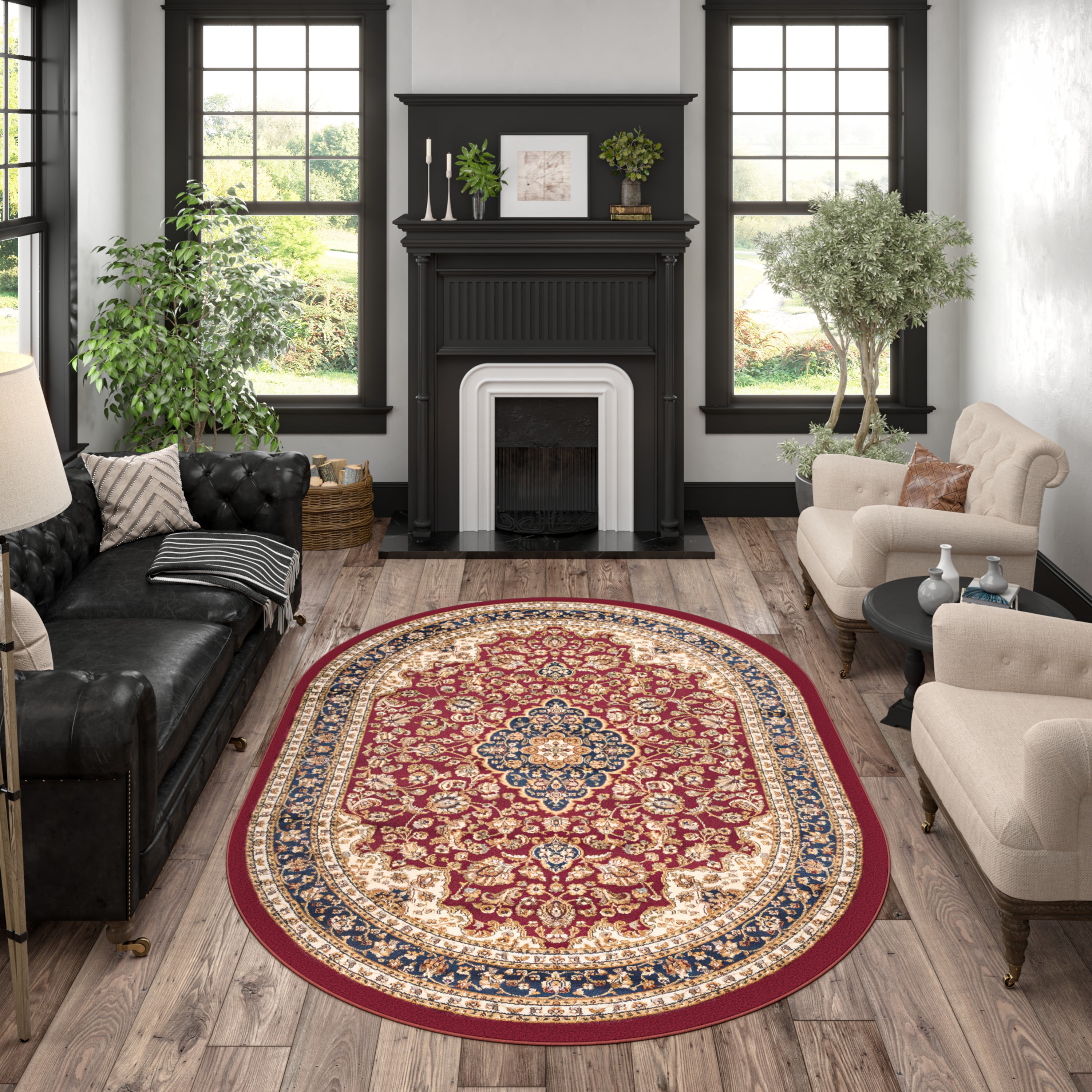Sensation Transitional 5' x 7' Oval Red and Beige Polypropylene Indoor Area Rug