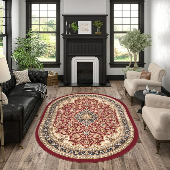 Sensation Transitional 5' x 7' Oval Red and Beige Polypropylene Indoor Area Rug