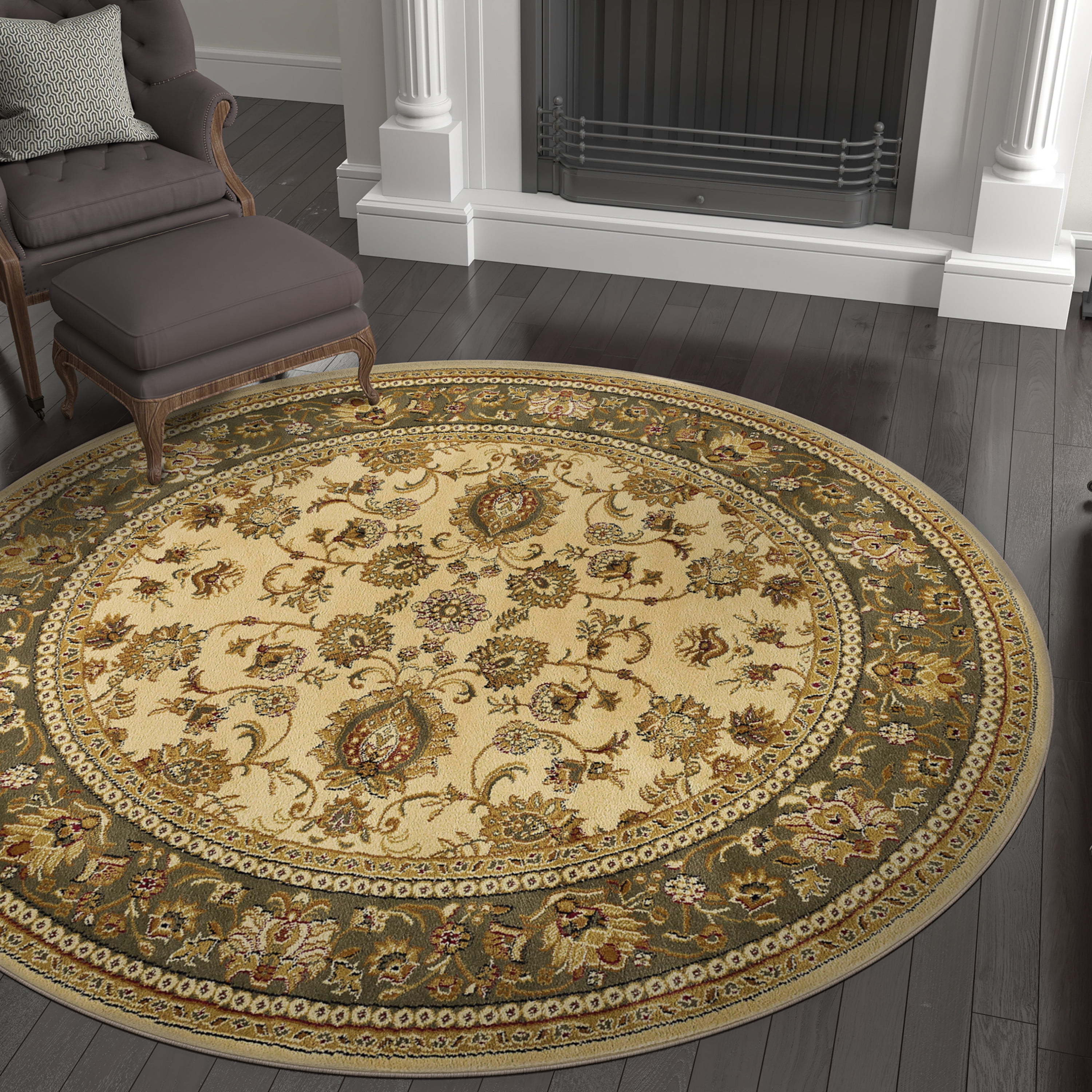 Sensation Transitional 8' Round Ivory and Moss Green Polypropylene Indoor Area Rug