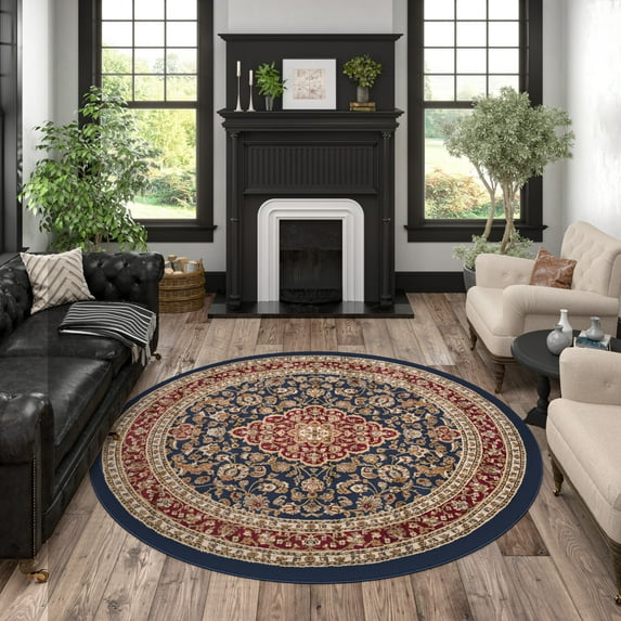 Sensation Transitional 8' Round Navy and Beige Polypropylene Indoor Area Rug