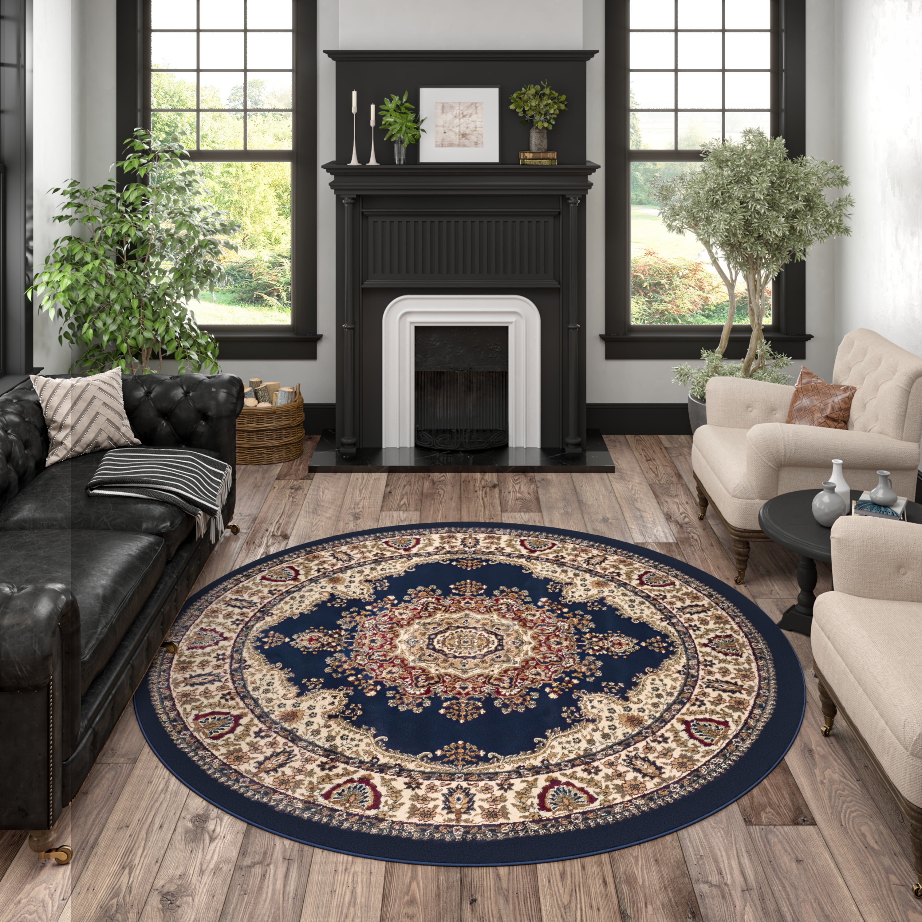 Sensation Transitional 8' Round Navy and Beige Polypropylene Indoor Area Rug