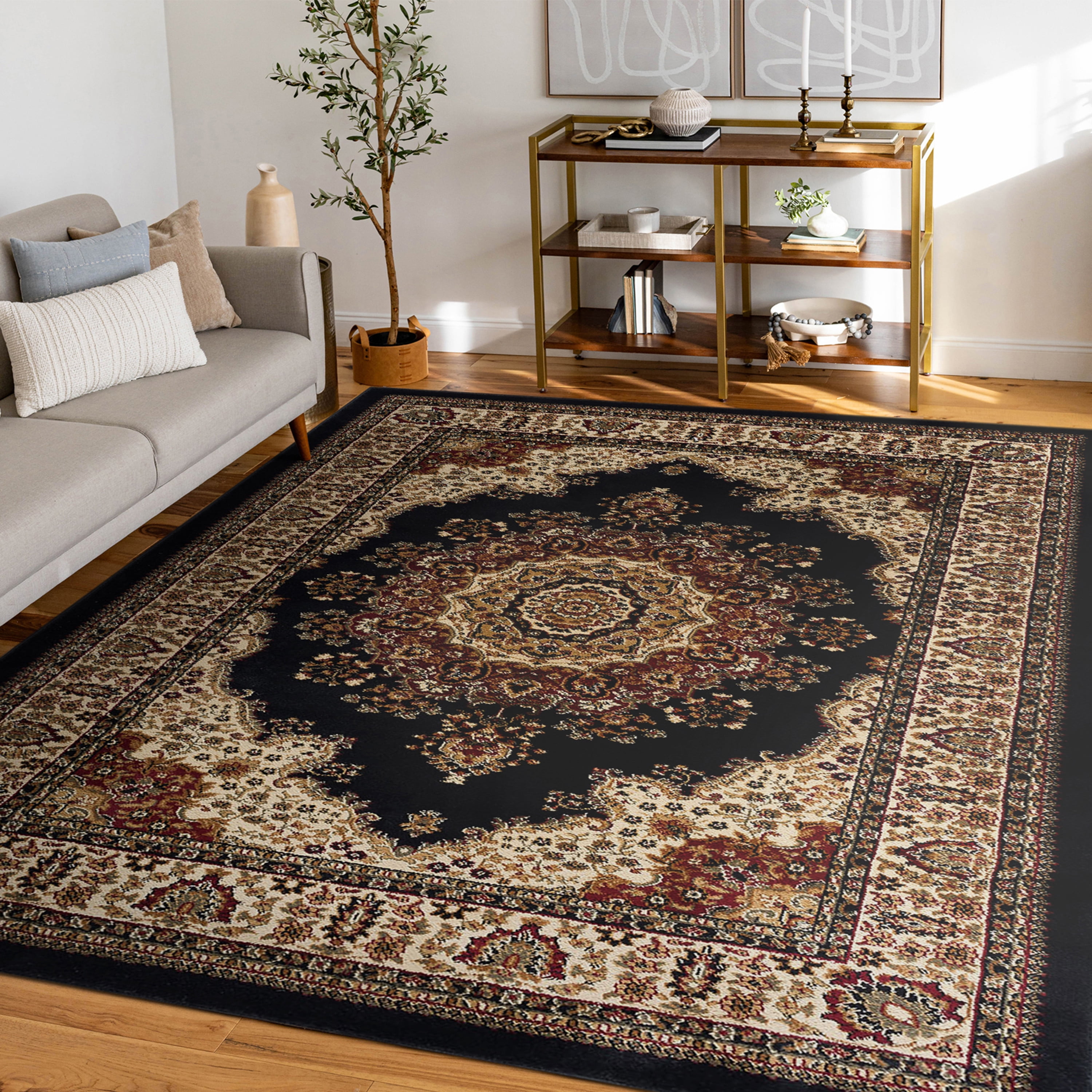 Sensation Transitional 8' x 10' Black and Beige Polypropylene Indoor Area Rug