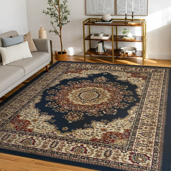 Sensation Transitional 8' x 10' Navy and Beige Polypropylene Indoor Area Rug