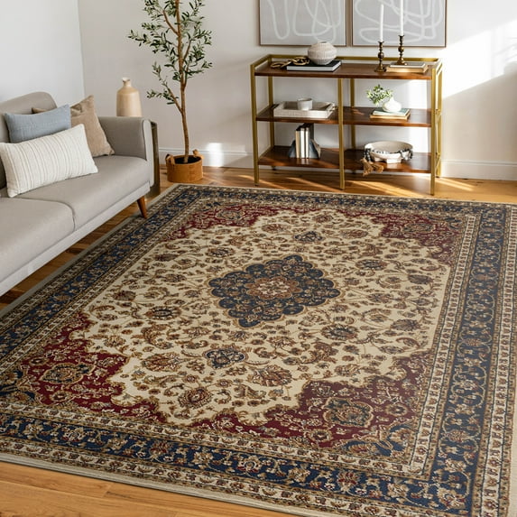 Sensation Transitional 9' x 12' Ivory and Scarlet Polypropylene Indoor Area Rug