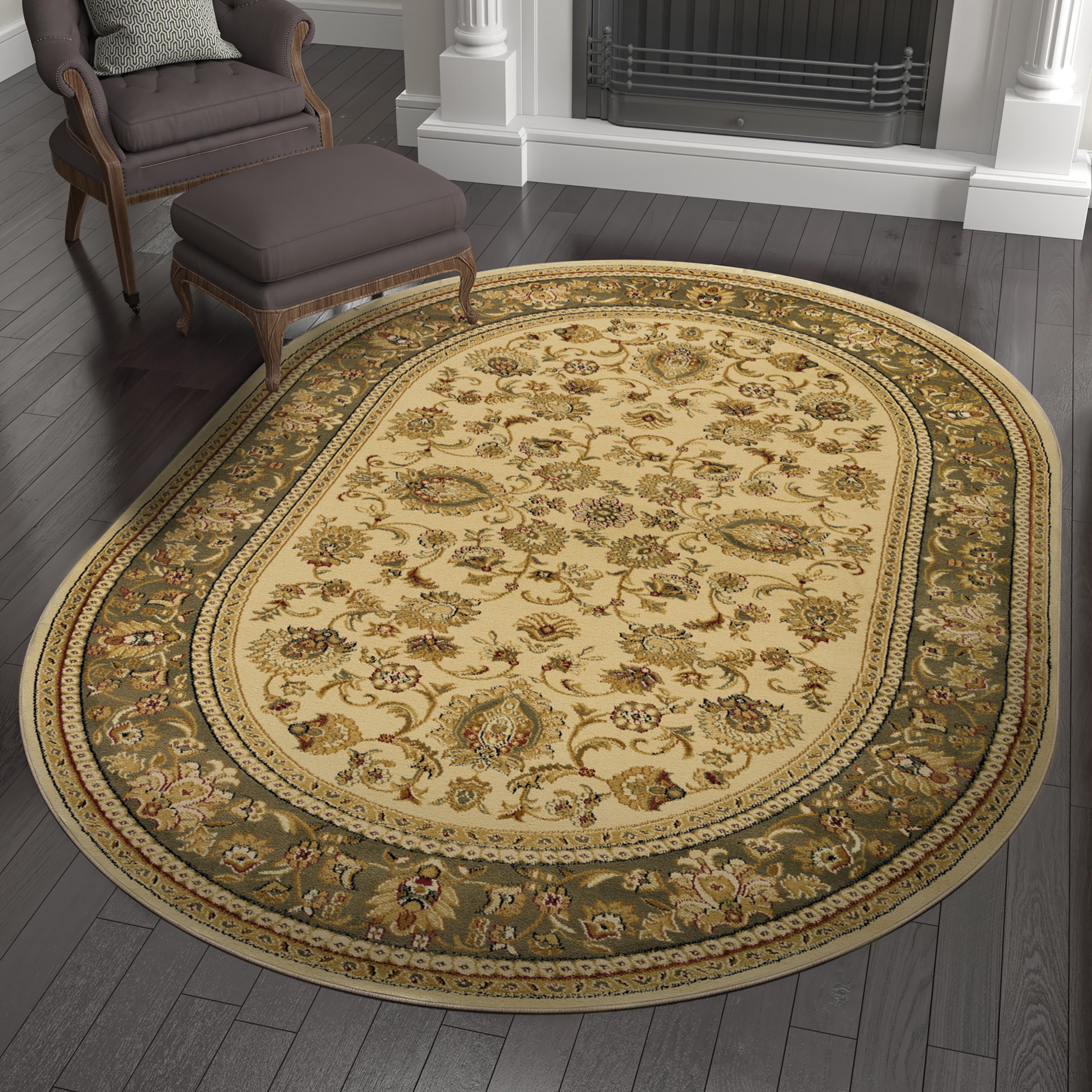 Sensation Transitional Ivory and Moss Green Indoor Area Rug, 6.7' x 9.6' Oval