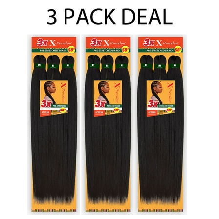 Sensationnel African Collection Jumbo Braid Pre Stretched X Pression Hair 3x 58” ( 1 Jet Black 3 Packs )