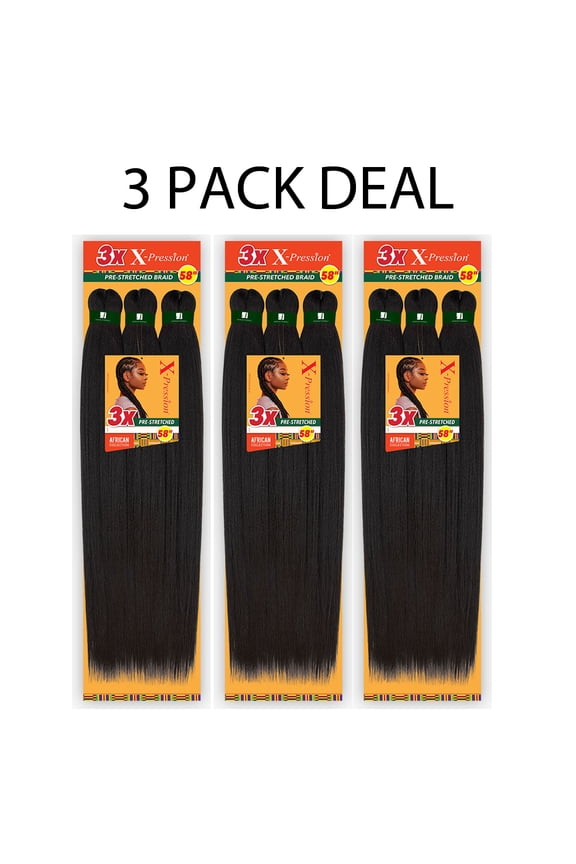 African Collection Jumbo Braid Pre Stretched X Pression Hair 3x 58” ( 1B Off Black 3 Packs )