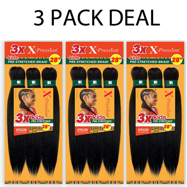 Sensationnel African Collection Kids Jumbo Braid Pre Stretched X Pression  Hair 3x 28 ( 1B Off Black 3 Packs ) 