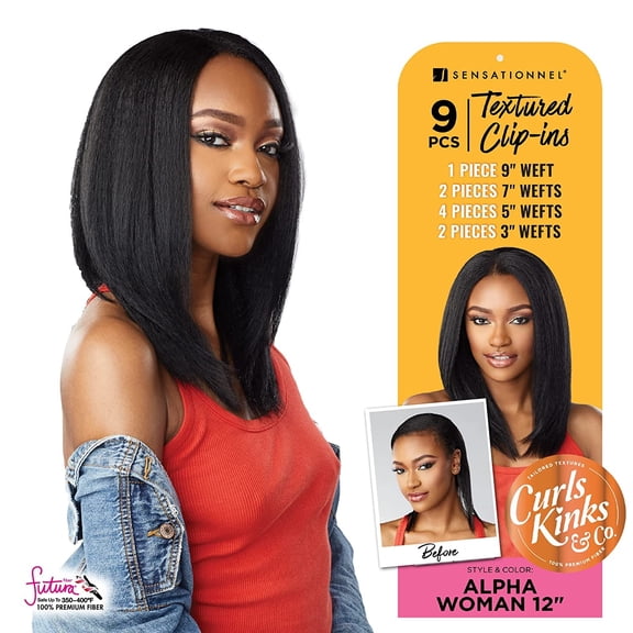 Sensationnel Curls Kinks & CO Textured Clip In Human Hair Blend Hair Extension 9PCS - ALPHA WOMAN 12 INCH (1B Off Black)