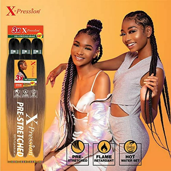 Sensationnel Xpression prestretched braiding hair - 3x xpression 58-inch kanekalon flame retardant smooth yaki braid - 3x x-pression 58 inch (3 pack, 1B OFFBLACK)