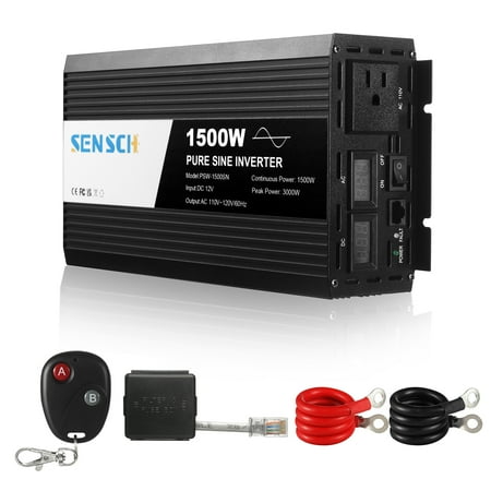 Sensch 1500W Pure Sine Wave Inverter 12V DC to 110V AC Converter for Home, RV, Truck, Off-Grid Solar Power Inverter 12V to 120V, AC Hardwire Port, Remote Controller